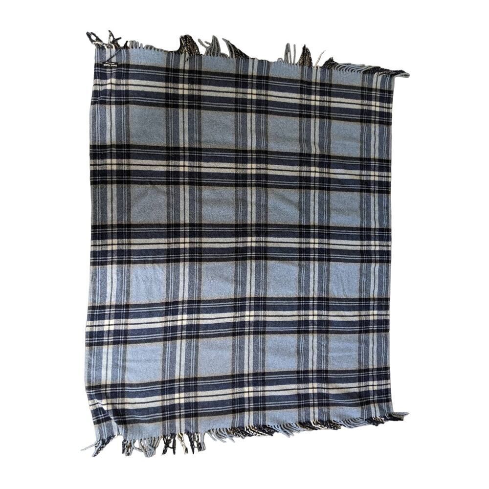 Lambs wool Roca Home Plaid Throw Blanket Blue Blend Fringe LN/NWOT - Picture 6 of 10